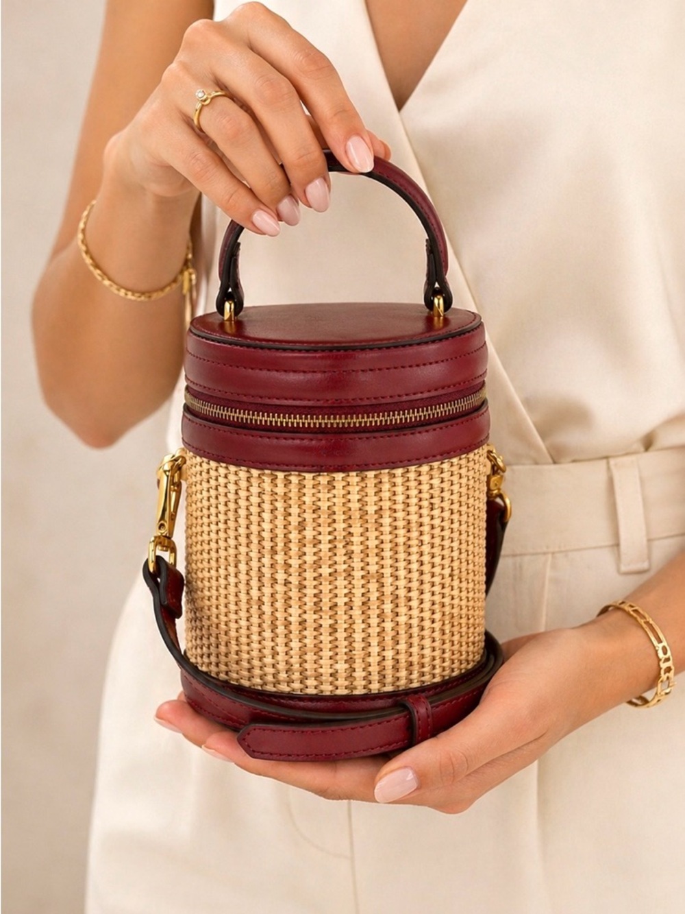 House of Harlow 1960 Red Leather & Woven Straw Cylinder Crossbody